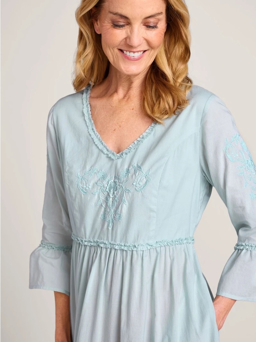Soft Surroundings Anastasia Nightgown Cumulus Blue Embroidered Maxi Dress Sz M - Picture 15 of 15